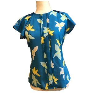 Worthington Women's Short Sleeve Perfect Blouse  Petite Floral Yellow White Blue